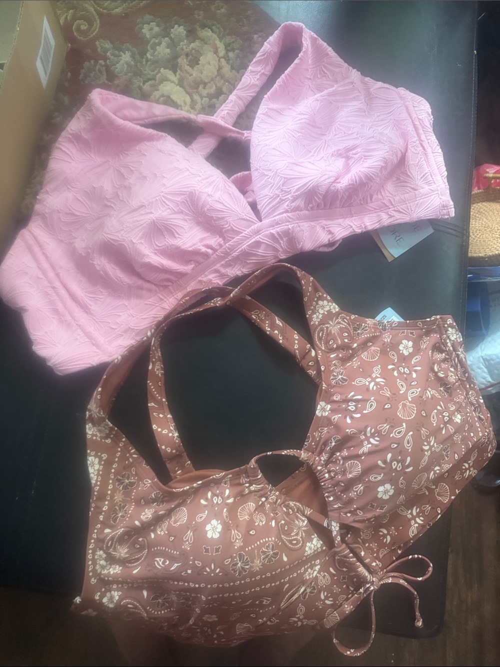 NWT two Shade & Shore Pink Textured Bikini Top & Brown Paisley Halter Bikini Top